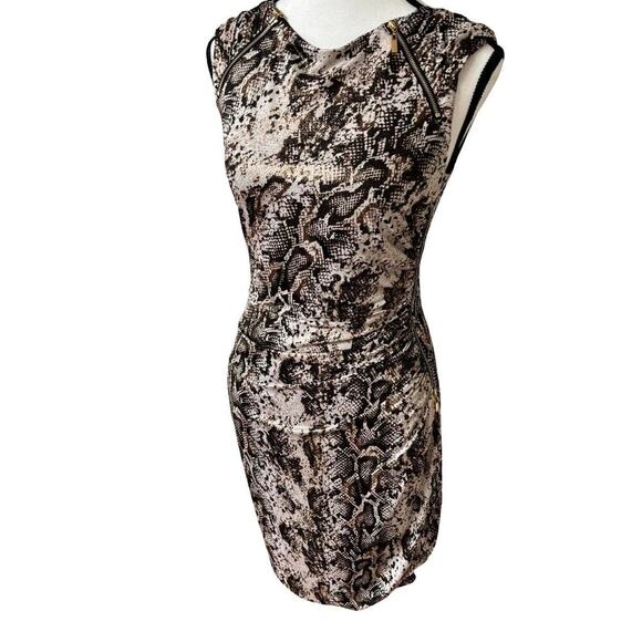 Y2K CACHE ANIMAL PRINT ZIP UP RUCHED DRESS SMALL EUC - Picture 3 of 8